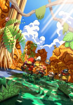 4boys admiral_bobbery blue_overalls brown_hair brown_shoes facial_hair flavio gloves hat highres lord_crump maribou_(supermaribou) mario mario_(series) multiple_boys music mustache nintendo open_mouth outdoors overalls paper_mario paper_mario:_the_thousand-year_door purple_hair red_hat shirt shoes singing tagme white_gloves