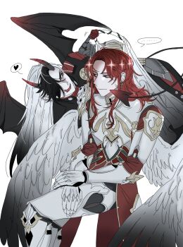 ... angel angel_wings argenti_(honkai:_star_rail) armor black_hair black_horns black_wings boothill_(honkai:_star_rail) breastplate closed_mouth crossed_legs cuisses curtained_hair demon_boy demon_horns demon_tail demon_wings colored_bangs earrings eye_contact feathered_wings feathers flirting flower gauntlets gradient_horns gradient_tail gradient_wings green_eyes hair_over_one_eye hands_on_lap heart highres honkai:_star_rail honkai_(series) horns invisible_chair jewelry knight licking_lips long_hair looking_at_another male_focus motion_lines multicolored_hair multicolored_horns multicolored_wings one_eye_covered open_mouth pauldrons pointy_ears poorman_0629 red_flower red_hair red_horns red_rose red_tail rose sharp_teeth sheriff_badge shoulder_armor simple_background sitting sparkle spoken_ellipsis spoken_heart star_(symbol) straight_hair tail teeth thorns tongue tongue_out two-tone_hair upper_teeth_only white_armor white_background white_hair white_wings wings yaoi