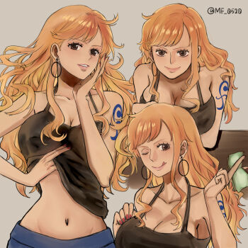 1girl bare_arms bare_shoulders breasts brown_eyes cleavage closed_mouth clothes_lift commentary_request earrings grey_background halterneck hand_on_own_cheek hand_on_own_face highres holding hoop_earrings jewelry large_breasts lips long_hair looking_at_viewer mf_0520 midriff multiple_views nail_polish nami_(one_piece) navel one_eye_closed one_piece orange_hair parted_lips pink_lips red_nails shirt_lift shoulder_tattoo sidelocks smile solo tattoo tongue tongue_out twitter_username upper_body wavy_hair