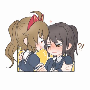 Rule 34 | !?, 2girls, :d, ^^^, ahoge, animal ears, assault lily, black hair, black necktie, blush, brown eyes, brown hair, cat ears, collared shirt, commentary, cropped jacket, face-to-face, fake animal ears, from side, hand on another's arm, hand on another's shoulder, hand up, hands up, heart, highres, karasawa aisa, kasa (kasa mayulove), kondou misaka, long hair, looking at another, multiple girls, necktie, nose blush, open mouth, parted lips, ponytail, profile, puffy short sleeves, puffy sleeves, red eyes, school uniform, shirt, short necktie, short sleeves, smile, sweatdrop, two-tone background, v-shaped eyebrows, white background, white shirt, yellow background, yuri, yurigaoka girls academy school uniform