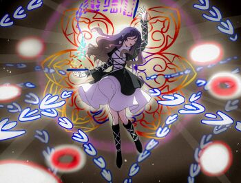 1girl black_boots black_dress blonde_hair boots breasts closed_eyes commentary_request danmaku dress facing_viewer full_body gradient_hair highres hijiri_byakuren knee_boots large_breasts layered_dress long_hair long_sleeves multicolored_hair open_mouth purple_hair scroll smile solo sorcerer's_sutra_scroll touhou uehara_suiyo white_dress