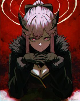 1girl absurdres black_bow black_dress black_gloves black_jacket bow breasts cleavage closed_mouth double-parted_bangs dress fur-trimmed_jacket fur_trim gendou_pose gloves hair_between_eyes hair_bow hands_clasped highres hololive hololive_english interlocked_fingers jacket large_breasts long_hair long_sleeves looking_at_viewer mori_calliope mori_calliope_(grimoire) official_alternate_costume official_alternate_hairstyle own_hands_clasped own_hands_together pink_eyes pink_hair red_background solo split_mouth sumosumo upper_body virtual_youtuber