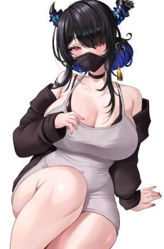 1girl asymmetrical_horns bare_shoulders black_hair black_horns black_jacket blue_hair blush collarbone covered_mouth dress hair_bun highres hololive hololive_english horns invisible_chair jacket mask microdress mole mole_under_eye mouth_mask multicolored_hair nerissa_ravencroft off_shoulder purple_eyes simple_background sitting solo spaghetti_strap two-tone_hair uneven_horns velvet_noir virtual_youtuber white_background white_dress