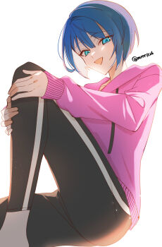 1girl :d absurdres backlighting black_pants blue_eyes blue_hair bob_cut collarbone commentary drawstring feet_out_of_frame hair_between_eyes hands_on_own_knee hatori_naco highres hood hood_down hoodie kiritani_haruka knee_up long_sleeves looking_at_viewer open_mouth pants pink_hoodie project_sekai short_hair sidelocks simple_background sitting sleeves_past_wrists smile solo symbol-only_commentary track_pants tsurime twitter_username white_background