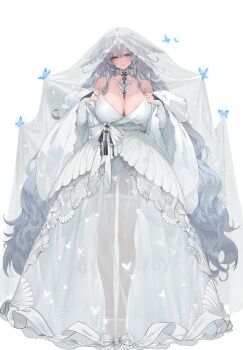 1girl absurdly_long_hair absurdres alternate_costume animal_ears artist_name azur_lane bare_shoulders blue_butterfly blue_eyes bow breasts bridal_veil bride bug butterfly choker cleavage closed_mouth dark-skinned_female dark_skin dishwasher1910 double-parted_bangs dress empire_waist facing_viewer floppy_ears fox_ears fox_girl full_body garter_straps gown grey_hair halter_dress halterneck hands_up highres insect large_breasts layered_dress long_hair long_sleeves long_veil looking_at_viewer looking_to_the_side mandarin_collar parted_lips see-through_clothes see-through_dress see-through_veil shawl shinano_(azur_lane) sideboob simple_background smile solo standing tan translucent veil very_long_hair w_arms waist_bow wedding_dress white_background white_bow white_choker white_garter_straps white_shawl