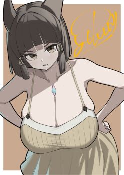 1girl absurdres alternate_breast_size_(larger) animal_ears blunt_bangs blunt_ends breasts brown_background brown_dress brown_eyes brown_hair cat_ears chest_jewel cleavage collarbone commentary dress hands_on_own_hips highres huge_breasts leaning_forward looking_at_viewer nia_(xenoblade) short_hair skindentation sleeveless sleeveless_dress solo v-shaped_eyebrows xenoblade_chronicles_(series) xenoblade_chronicles_2 yutorin_kakka