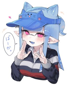 +++ 1girl blue_hair blue_hat blue_shirt blue_tongue blunt_bangs breasts collared_shirt colored_tongue commentary_request hair_horns hands_up hat highres inkling inkling_girl inkling_player_character large_breasts long_hair long_pointy_ears long_sleeves looking_at_viewer multicolored_shirt nintendo open_mouth pink_eyes pointy_ears ponytail red_shirt shirt short_ponytail sidelocks simple_background smile smug solo speech_bubble splatoon_(series) striped_clothes striped_shirt tentacle_hair togetoge translation_request visor_cap white_background white_shirt