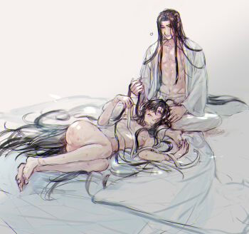 2boys abs absurdly_long_hair aftersex ahoge alternate_hairstyle ass bare_pectorals barefoot bathrobe bed_sheet bite_mark black_hair blush branded chinese_clothes commentary_request completely_nude couple full_body hair_down hand_in_another's_hair hand_on_another's_head hanfu heart hickey highres holding holding_another's_hair holding_ribbon ktxxok lan_wangji lap_pillow long_hair looking_at_another lying male_focus modao_zushi multiple_boys navel nipples nude on_back on_bed on_side open_clothes open_robe pants parted_lips pectorals purple_eyes ribbon robe scar scar_on_chest sitting smile twitter_username very_long_hair wei_wuxian white_pants white_ribbon white_robe yaoi yellow_eyes