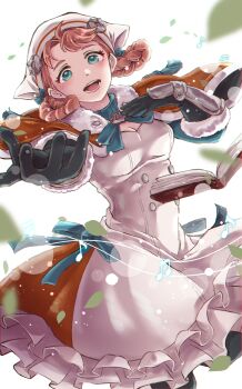 1girl absurdres annette_fantine_dominic arm_guards black_gloves blue_eyes blush book braid braided_hair_rings breasts capelet cleavage commentary_request dress fire_emblem fire_emblem:_three_houses fire_emblem_warriors:_three_hopes gloves green_eyes hair_rings hand_on_own_chest highres long_hair long_sleeves looking_at_viewer medium_breasts musical_note namuko nintendo official_alternate_costume official_alternate_hairstyle open_mouth orange_capelet orange_hair reaching reaching_towards_viewer smile solo teeth white_dress