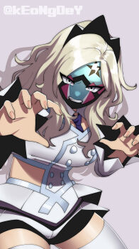 1girl angry artist_name bare_shoulders black_shorts breasts buttons cleavage clenched_hands clenched_teeth collared_shirt detached_sleeves double-breasted eri_(pokemon) eyelashes eyes_visible_through_hair facepaint female_focus fingernails frilled_sleeves frills grey_eyes hands_up highres jacket large_breasts leaning_forward legs long_hair looking_at_viewer midriff_peek necktie nintendo outstretched_hand parted_bangs parted_lips pink_background pokemon pokemon_sv purple_necktie shirt short_shorts shorts sidelocks simple_background standing tall_female team_star teeth thighhighs thighs tiara toned toned_female wavy_hair white_hair white_jacket white_thighhighs wrestler