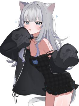 Rule 34 | 1girl, :o, absurdres, animal ears, black choker, black dress, black jacket, blue eyes, blunt bangs, blush, cat ears, cat girl, cat tail, choker, commentary, commission, dress, frilled dress, frills, grey hair, grey tail, hair intakes, hand on own cheek, hand on own face, heart, heart in eye, hennyano (nachoneko), highres, indie virtual youtuber, jacket, jewelry, long hair, looking at viewer, microdress, nachoneko, necklace, open mouth, oversized clothes, paw print, plaid clothes, plaid dress, shusuchii, simple background, single off shoulder, sleeves past fingers, sleeves past wrists, solo, star (symbol), star necklace, strap slip, symbol in eye, tail, white background