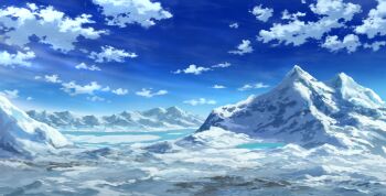 blue_sky cloud cloudy_sky commentary_request day highres lake mountain mountainous_horizon no_humans original outdoors river scenery sky snow yu02257951