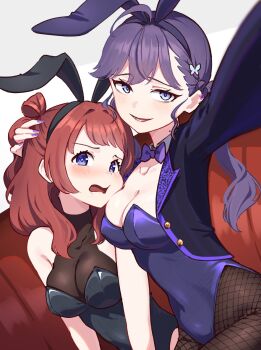 2girls animal_ear_hairband animal_ears black_jacket black_leotard black_pantyhose blue_eyes blue_leotard blush bow bowtie breasts brown_hair cleavage commentary_request covered_navel cropped_jacket detached_collar embarrassed fake_animal_ears fishnet_pantyhose fishnets gakuen_idolmaster hairband halterneck hanami_saki hand_on_another&#039;s_head highres hyoe_(hachiechi) idolmaster jacket kaya_rinha leotard long_hair looking_at_viewer medium_breasts multiple_girls nail_polish open_mouth pantyhose playboy_bunny purple_bow purple_bowtie purple_hair purple_nails rabbit_ear_hairband rabbit_ears red_hair selfie sitting smile