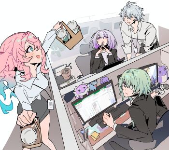 Rule 34 | 2boys, 2girls, anaxa (honkai: star rail), aqua eyes, aqua hair, black skirt, black vest, breasts, castorice (honkai: star rail), computer keyboard, cup, disposable cup, dromas (honkai: star rail), eyepatch, green hair, hashtag-only commentary, highres, honkai: star rail, honkai (series), hyacine (honkai: star rail), id card, indoors, long hair, medium breasts, mimlmi, monitor, multicolored hair, multiple boys, multiple girls, office, office lady, open mouth, pencil skirt, phainon (honkai: star rail), pink hair, plant, potted plant, shirt, short hair, skirt, twintails, two-tone hair, vest, white hair, white shirt