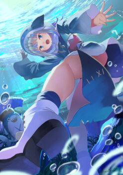 1girl animal_hood ass bloop_(gawr_gura) blue_eyes blue_hair blue_hoodie blurry commentary_request depth_of_field fins fish_tail gawr_gura gawr_gura_(1st_costume) highres hololive hololive_english hood hoodie long_sleeves multicolored_hair saraki shark_girl shark_hood shark_tail sharp_teeth shoes solo streaked_hair submerged tail teeth virtual_youtuber white_hair white_shoes