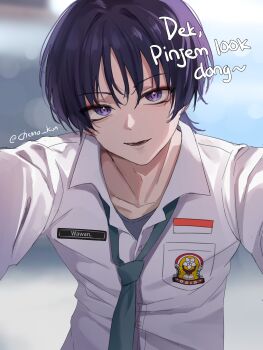 1boy black_hair blunt_ends chenno_kun genshin_impact hair_between_eyes highres indonesian_flag indonesian_high_school_uniform indonesian_text male_focus purple_eyes purple_hair scaramouche_(genshin_impact) school_uniform shirt short_hair solo white_shirt