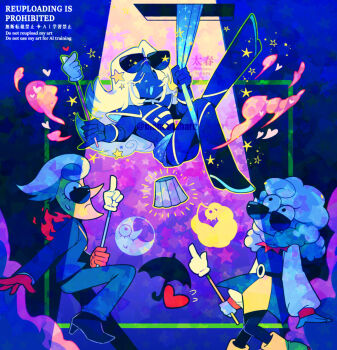 Rule 34 | 1girl, 2boys, ;d, ankle boots, armor, arms at sides, black boots, black eyes, blue background, blue boots, blue eyes, blue gloves, blue jacket, blue pants, blue skin, blue tongue, boots, closed mouth, colored skin, colored tongue, commentary request, curly hair, deltarune, elbow gloves, elnina (deltarune), eyewear on head, feet out of frame, finger heart, flipped hair, flying sweatdrops, foot out of frame, frown, full body, gloves, heart, high heel boots, high heels, holding, holding pointer, jacket, knee boots, knee up, lamp, lanino (deltarune), leg up, long hair, long sleeves, looking at another, looking at viewer, multiple boys, one eye closed, open mouth, outline, pants, pinky out, pointer, pointy nose, red gloves, rouxls kaard, short hair, shoulder armor, simple background, smile, soul (deltarune), spotlight, standing, standing on one leg, star (symbol), star symbol background, sunglasses, sweatdrop, taharu (papiyas), turtleneck, turtleneck jacket, umbrella, utdr (toby fox), watermark, white hair, yellow outline, yellow skin