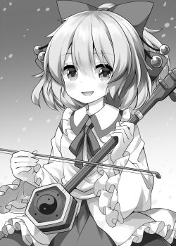 Rule 34 | 1girl, blush, bow, collared shirt, commentary request, cowboy shot, frilled shirt collar, frilled sleeves, frills, gradient background, greyscale, hair between eyes, hair bow, highres, instrument, long sleeves, looking at viewer, monochrome, music, neck ribbon, open mouth, playing instrument, ribbon, ruu (tksymkw), satsuki rin, shirt, short hair, skirt, smile, solo, touhou, violin, wide sleeves