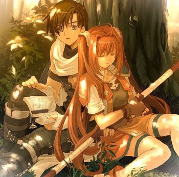 1boy 1girl ahoge antenna_hair armor artist_request black_hair bo_staff book boots brown_gloves brown_hair closed_eyes eiyuu_densetsu estelle_bright fingerless_gloves gloves grass hair_between_eyes hair_intakes holding holding_book holding_staff holding_weapon joshua_bright leaning_on_person long_hair looking_at_viewer open_book outdoors over-kneehighs parted_bangs pauldrons scarf short_hair shorts shoulder_armor single_pauldron sitting skirt sleeping smile sora_no_kiseki staff swept_bangs thighhighs tree twintails very_long_hair weapon white_scarf