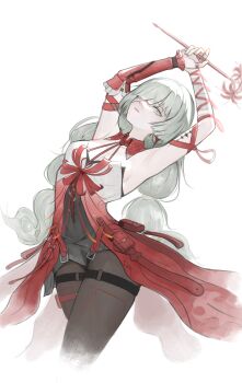 1girl absurdres armpits arms_up bandage_over_one_eye bandaged_arm bandages bare_shoulders black_pantyhose black_skirt braid breasts commentary cropped_legs deardd detached_sleeves dress flower grey_eyes grey_hair halter_dress halterneck highres holding holding_flower long_hair looking_at_viewer low_twin_braids medium_breasts nail_polish pantyhose phrolova_(wuthering_waves) red_dress red_nails simple_background single_detached_sleeve skirt solo spider_lily tacet_mark_(wuthering_waves) twin_braids white_background wuthering_waves