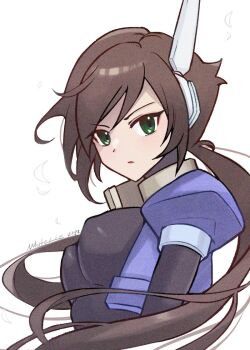 1girl aile_(mega_man_zx) black_bodysuit blue_jacket bodysuit breasts brown_hair covered_erect_nipples cropped_jacket green_eyes jacket large_breasts long_hair mega_man_(series) mega_man_zx mega_man_zx_advent ponytail robot_ears simple_background solo upper_body white_background whiteabsol