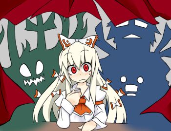 Rule 34 | 1girl, bow, caved (touhou), fujiwara no mokou, hair bow, horns, kamishirasawa keine, morichika rinnosuke, red eyes, sag (karehabase), sharp teeth, silhouette, teeth, tokiko (touhou), touhou, white hair