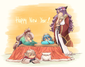 2boys 2girls azura_(celebratory_spirit)_(fire_emblem) azura_(fire_emblem) bird blue_hair breasts camilla_(fire_emblem) camilla_(holiday_traveler)_(fire_emblem) cleavage closed_eyes dragon_boy feh_(fire_emblem_heroes) fire_emblem fire_emblem_fates fire_emblem_heroes flamingopunch fur_trim grey_hair hand_on_own_cheek hand_on_own_face headdress japanese_clothes kimono long_hair male_corrin_(fire_emblem) male_corrin_(new_year)_(fire_emblem) multiple_boys multiple_girls nintendo official_alternate_costume owl pointy_ears purple_hair red_eyes simple_background sitting table takumi_(fire_emblem) takumi_(prince_of_soup)_(fire_emblem) tiara wavy_hair white_hair yukata