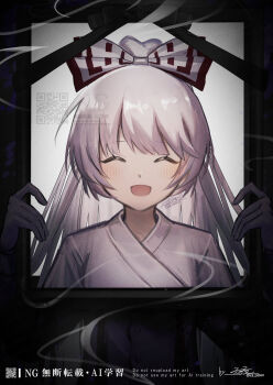 Rule 34 | black kimono, fujiwara no mokou, highres, holding, iei, japanese clothes, kimono, making-of available, ofuda, ofuda on head, photo (object), rokuya (68 zusao), smile, smoke, touhou, upper body, white hair, white kimono