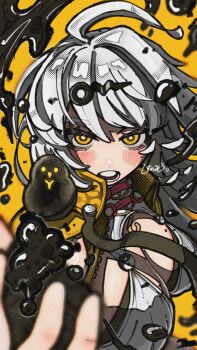 1girl ahoge bird black_bird breasts cleavage highres huge_ahoge jacket looking_at_viewer mole mole_on_chest open_mouth shisunomiunko single_hair_intake solo white_hair yellow_background yellow_eyes yellow_jacket yin_yang_pin yixuan_(zenless_zone_zero) zenless_zone_zero