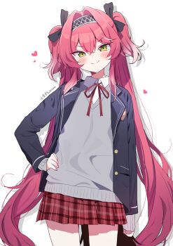 1girl absurdres black_bow black_jacket bow closed_mouth commentary grey_vest hair_between_eyes hair_bow hairband hand_on_own_hip highres jacket long_hair looking_at_viewer lupa_(wuthering_waves) metal_hairband multiple_hair_bows open_clothes open_jacket pink_hair red_skirt simple_background skirt smile solo tail twintails very_long_hair vest white_background wolf_tail wuthering_waves yellow_eyes yukinya_(yukinya777)