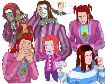 1boy :3 ace_attorney ace_attorney_investigations ace_attorney_investigations_2:_prosecutor's_gambit animal blonde_hair blue_shirt cat chibi clenched_teeth closed_mouth clown clown_boy covering_own_ears covering_own_mouth grin hair_down hand_on_own_face hands_in_pocket highres image_in_thought_bubble jacket long_sleeves male_focus monkey multiple_views naitou_manosuke neck_ruff parted_bangs partially_unzipped pink_jacket prison_clothes red_hair sarushiro_souta shirt short_twintails smile spoilers squirrel striped_clothes teardrop_facial_mark teeth tirtyturtle twintails vertical-striped_clothes white_background white_facepaint