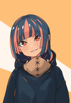 1girl animal_costume bear_costume blue_hair blunt_bangs highres hood hoodie looking_at_viewer multicolored_hair original post_(shake_shakepost) red_eyes red_hair shark_kuma-chan_(shake_shakepost) sharp_teeth smile solo teeth two-tone_background two-tone_hair upper_body