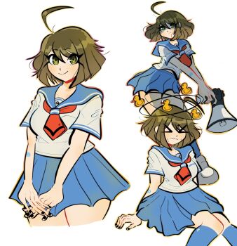 Rule 34 | > <, 1girl, ahoge, black nails, blue sailor collar, blue skirt, blue socks, breasts, closed eyes, closed mouth, collared shirt, commentary, danganronpa (series), danganronpa another episode: ultra despair girls, dizzy, english commentary, eyelashes, fingernails, green eyes, green hair, highres, holding, holding megaphone, megaphone, multiple views, naegi komaru, nail polish, necktie, own hands together, pngvl, red necktie, sailor collar, school uniform, serafuku, shirt, short hair, short sleeves, simple background, sitting, skirt, smile, socks, sweat, white background, white shirt