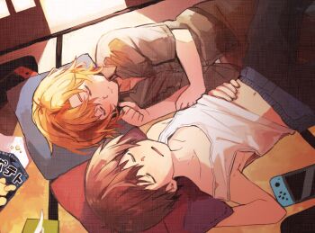 Rule 34 | 2boys, blue pants, brown hair, chips (food), commentary request, food, highres, higurashi no naku koro ni, higurashi no naku koro ni rei, lying, maebara keitarou, male focus, multiple boys, nintendo switch, nuancho, nuatyo, on ground, orange hair, pants, ryuuguu kihiro, short sleeves, sleeping, stomach, tank top, tatami