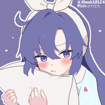 1girl absurdres blue_archive blue_background blue_eyes blue_hair blue_pajamas blue_shirt blush closed_mouth cowlick hair_between_eyes hairband hashtag-only_commentary heart highres hugging_object long_hair looking_at_viewer official_alternate_costume outline pajamas pillow pillow_hug pixel_art pout shirt slmnk10124 solo upper_body white_hairband white_outline yuuka_(blue_archive) yuuka_(pajamas)_(blue_archive)
