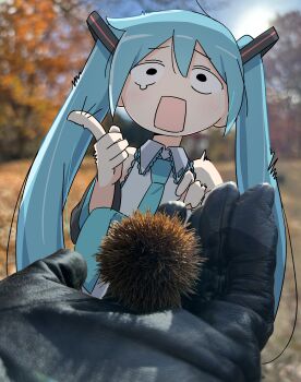 Rule 34 | 1boy, 1girl, absurdres, auhuheben17, black gloves, blue hair, blue necktie, blurry, blurry background, burr, chestnut, collared shirt, detached sleeves, gloves, hatsune miku, highres, leather, leather gloves, necktie, open mouth, outdoors, pain, photo background, pov, pov hands, ring hair ornament, shirt, solo focus, tears, twintails, vocaloid