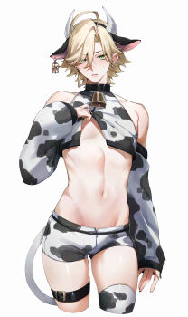 1boy absurdres animal_costume animal_ears animal_print bell commentary_request cow_boy cow_costume cow_ears cow_horns cow_print cowbell cropped_legs girly_boy highres hip_bones horns konsai_2 male_focus navel onmyoji short_shorts shorts simple_background solo stomach tail taishakuten_(onmyoji) thigh_strap white_background