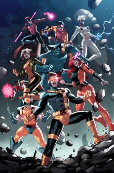 4girls 5boys beast_(x-men) bishop_(x-men) blowing_bubble_gum bodysuit boots brown_hair chewing_gum claw_(weapon) claws cyclops_(x-men) dark-skinned_female dark_skin domino_mask eye_mask gambit gloves highres jacket jean_grey jubilee leather leather_jacket male_focus manly marvel mask multicolored_bodysuit multiple_boys multiple_girls open_mouth rogue_(x-men) short_hair stephen_byrne superhero_costume topless_male two-tone_bodysuit weapon weapon_on_back western_comics_(style) wolverine_(x-men) x-men x-men:_the_animated_series yellow_bodysuit yellow_boots yellow_gloves
