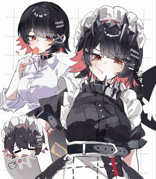 Rule 34 | 1girl, :/, ?, apron, belt, black belt, black choker, black dress, black hair, blunt bangs, blunt ends, blush, breasts, breath, candy, chibi, chibi inset, choker, closed eyes, collared shirt, colored inner hair, commentary request, dress, eating, ellen joe, ellen joe (on campus), exasperation, food, hair ornament, hairclip, hand on own hip, highres, holding, holding candy, holding food, holding lollipop, hyb muyuu, lollipop, lollipop in mouth, looking at viewer, loose hair strand, maid, maid apron, maid headdress, medium breasts, mole, mole under eye, multicolored hair, multiple views, orange eyes, pink hair, red nails, shirt, short sleeves, sidelocks, simple background, sleeves rolled up, tsurime, unkempt, upper body, white shirt, zenless zone zero