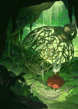 1girl arthropod_girl black_skin cage cave cloak colored_skin day eating full_body highres hollow_eyes hollow_knight hollow_knight:_silksong horned_mask hornet_(hollow_knight) in-universe_location looking_at_another mask momosannnnnnn moss mossgrub_(hollow_knight) nature needle_(hollow_knight) no_humans no_mouth red_cloak sitting spikes white_mask