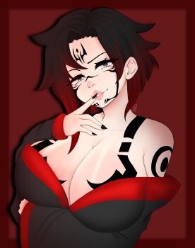 black_nails breasts cleavage commission crossover highres jujutsu_kaisen large_breasts nail_polish non-web_source ruby_rose rwby ryoumen_sukuna_(jujutsu_kaisen) smile tagme tattoo thick_lips yumastoo