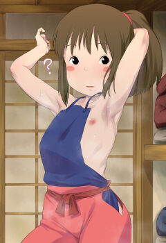 1girl ? apron armpits black_eyes blush blush_stickers brown_hair female_focus flat_chest loli nipple_slip nipples ogino_chihiro one_breast_out pants ponytail red_pants rom_(20) sen_to_chihiro_no_kamikakushi solo source_request studio_ghibli sweat tagme