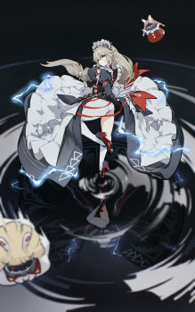 1girl absurdres alexandrina_sebastiane anastella_(zenless_zone_zero) ass bilingual_commentary black_background breasts commentary drusilla_(zenless_zone_zero) english_commentary from_side gloves grey_hair high_heels highres large_breasts leg_up long_hair low-tied_long_hair maid maid_headdress mixed-language_commentary pantyhose_cutout parted_lips partially_fingerless_gloves red_eyes reflection reflective_water rimeye side_slit single_leg_pantyhose single_sock skirt_hold socks solo very_long_hair white_socks zenless_zone_zero