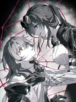 2girls breasts chinese_commentary collared_shirt commentary_request eye_contact eyewear_on_head gloves greyscale hand_on_another&#039;s_neck highres honkai:_star_rail honkai_(series) jacket kafka_(honkai:_star_rail) large_breasts long_hair long_sleeves looking_at_another monochrome multiple_girls off-shoulder_shirt off_shoulder open_clothes open_jacket parted_lips ponytail profile shirt silk smile spider_web spot_color stelle_(honkai:_star_rail) sunglasses trailblazer_(honkai:_star_rail) xianyuqihaouki yellow_eyes yuri