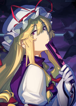 1girl :/ black_background blonde_hair boa_(brianoa) bow closed_mouth commentary dress english_commentary folding_fan full_body gloves hair_bow hand_fan hat hat_ribbon highres holding holding_fan long_hair long_sleeves looking_at_viewer looking_to_the_side mob_cap multiple_hair_bows purple_eyes purple_thighhighs red_bow red_ribbon ribbon solo thighhighs touhou upper_body white_dress white_gloves white_hat yakumo_yukari yin_yang