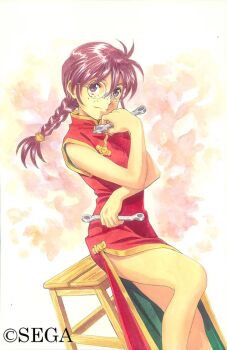 1990s_(style) 1girl braid breasts china_dress chinese_clothes copyright_notice cowboy_shot dress english_text feet_out_of_frame freckles holding holding_wrench legs long_hair looking_at_viewer matsubara_hidenori medium_breasts official_art parted_lips pelvic_curtain purple_eyes purple_hair red_dress retro_artstyle ri_kouran round_eyewear sakura_taisen second-party_source sega short_hair side_slit simple_background sitting smile solo solo_focus tools twin_braids wooden_stool wrench