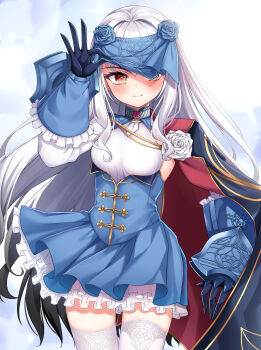 1girl aiguillette arm_guards blue_cape blue_dress blue_gloves blush breasts cape commentary_request dress fate/grand_order fate_(series) forked_eyebrows gloves highres hoshino_reiji long_hair long_sleeves looking_at_viewer melusine_(fate) melusine_(second_ascension)_(fate) sidelocks small_breasts smile solo thighhighs thighs veil white_hair white_thighhighs yellow_eyes