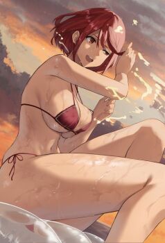 1girl :d bare_arms bare_shoulders bikini breast_press breasts cleavage cloud cloudy_sky evening feet_out_of_frame highres j@ck large_breasts matching_hair/eyes navel open_mouth pyra_(xenoblade) red_bikini red_eyes red_hair red_ribbon ribbon short_hair side-tie_bikini_bottom sitting sky smile solo splashing strap_gap swept_bangs swimsuit teeth thighs underboob upper_teeth_only water wet xenoblade_chronicles_(series) xenoblade_chronicles_2
