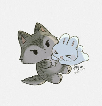 Rule 34 | > <, :d, animal, animal focus, artist name, ayu (mog), blush stickers, closed eyes, closed mouth, commentary, english commentary, mixed-language commentary, no humans, open mouth, original, rabbit, romaji commentary, simple background, smile, twitter username, white background, wolf, xd