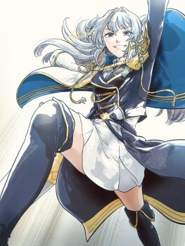 1girl absurdres aiguillette arm_at_side arm_up artist_name belt belt_buckle black_belt black_boots black_jacket black_ribbon blue_jacket boots breasts brooch brown_background buckle buttons collared_shirt commentary double-breasted english_commentary epaulettes feet_out_of_frame floating_hair from_below glint gradient_background grey_background grey_hair grin hair_intakes hair_ribbon highres holding holding_polearm holding_weapon jacket jacket_on_shoulders jewelry lance legs_apart long_hair long_sleeves looking_at_viewer medal medium_breasts miniskirt outstretched_arm parted_lips polearm purple_eyes ribbon shirt shoujo_kageki_revue_starlight shoujo_kageki_revue_starlight_-re_live- shozoku signature skirt smile solo standing thigh_boots two-sided_fabric two-sided_jacket v-shaped_eyebrows waist_cape weapon white_jacket white_shirt white_skirt yukishiro_akira